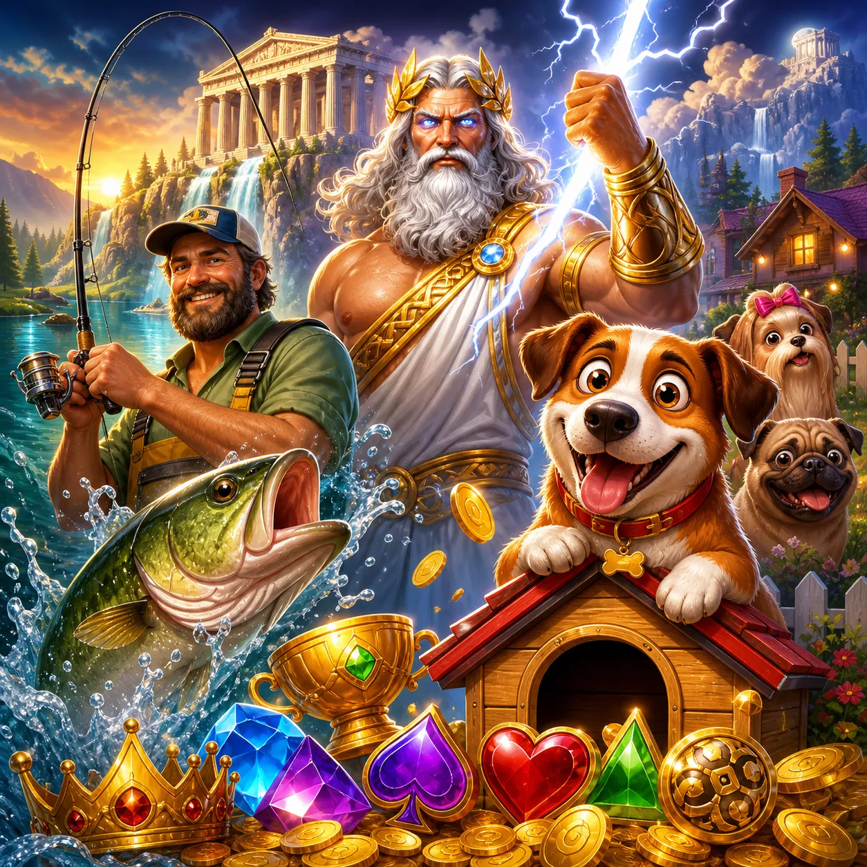 Illustrative artwork featuring powerful mythical gods, divine lightning, and an Olympus setting.